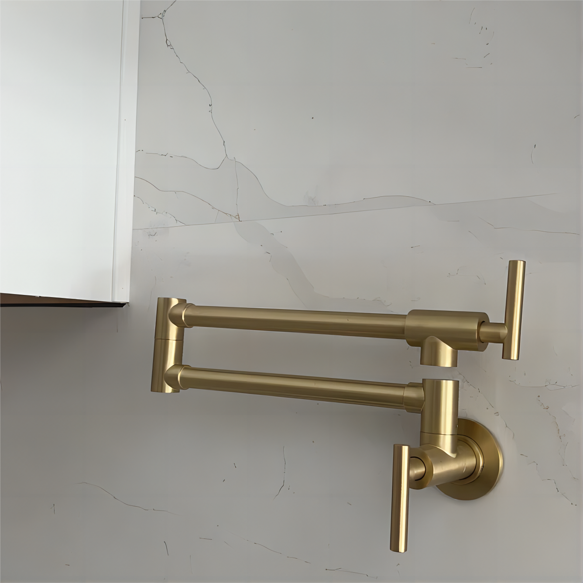 Gold Pot Filler Faucet Wall Mount Kitchen Folding Faucet with Double Joint Swing Arms, Two Handle Design