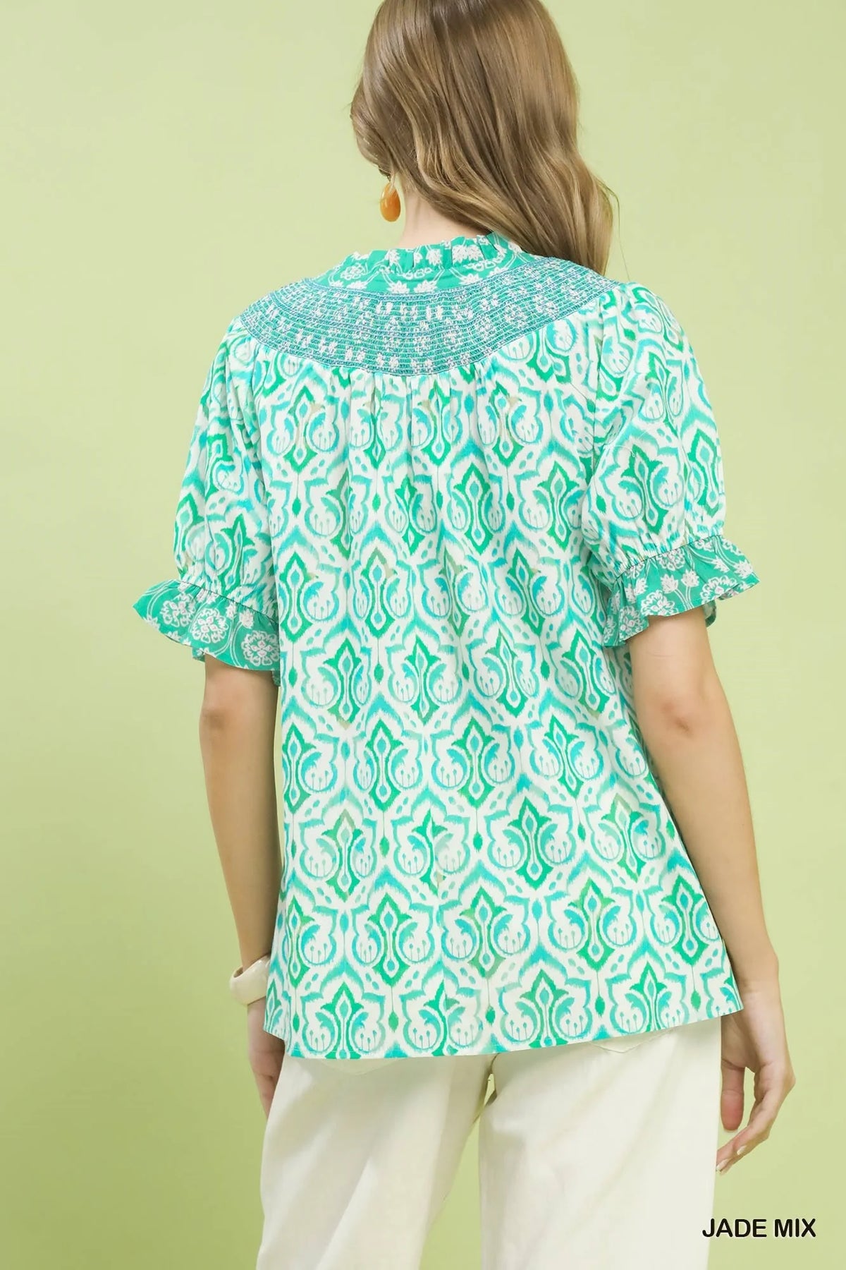 Umgee Mix Boho Puff Sleeve Smocked Top