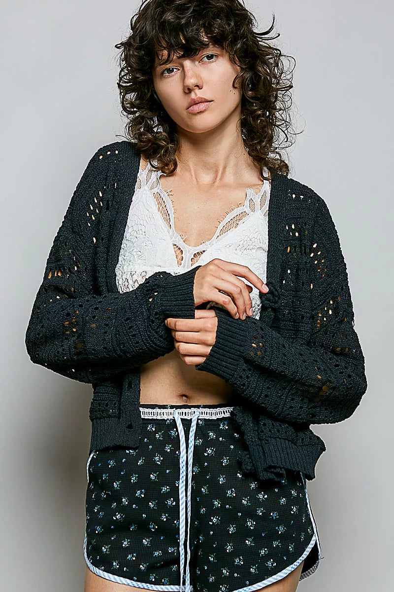 POL Open-Knit Floral Button Cardigan