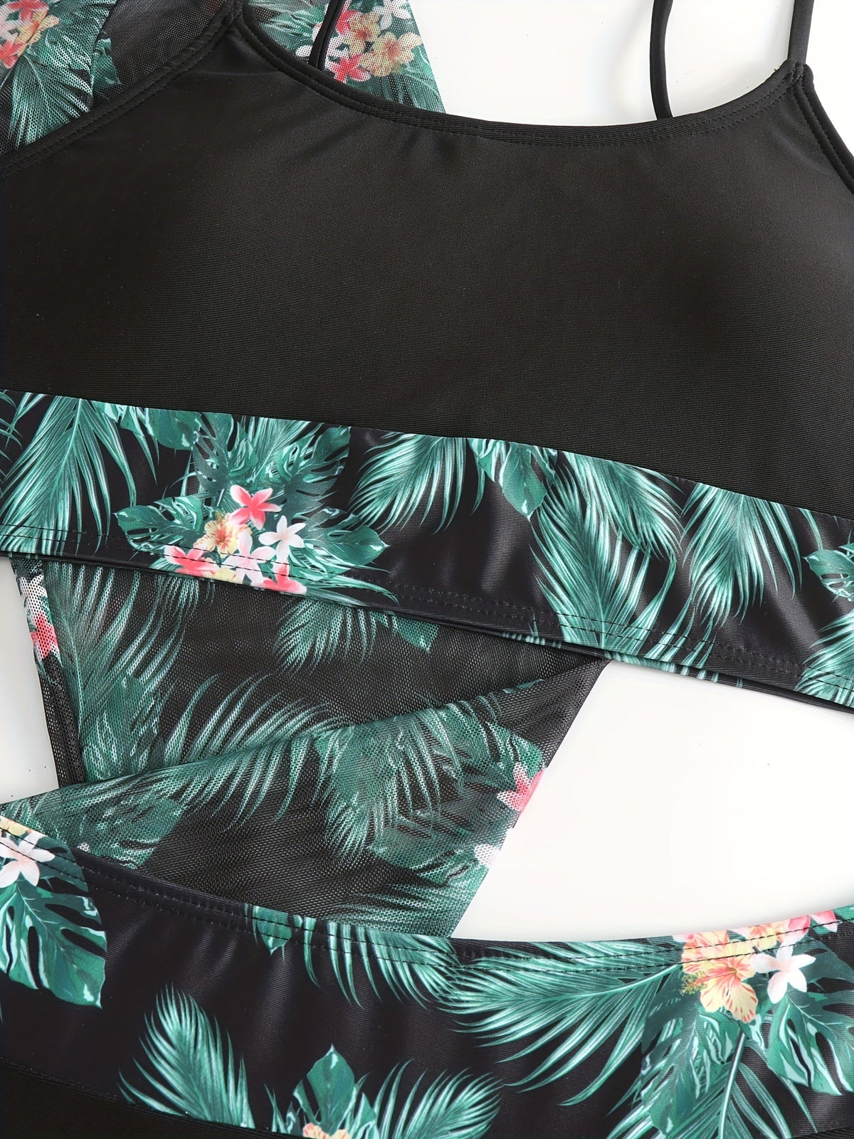 Bikini 3 Piece Tropical Print Swimsuit Set – High Stretch Comfortable Women's Bikini with Crew Neck Mesh Cover-Up – Chic Vacation Beachwear for Summer Casual Style & Poolside Glamour