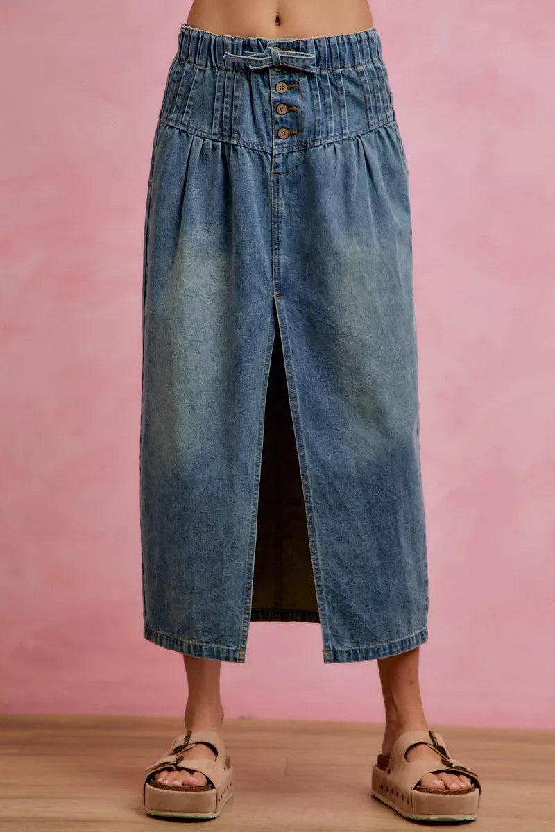 SO ME Pleated Washed Denim Skirt With Front Slit