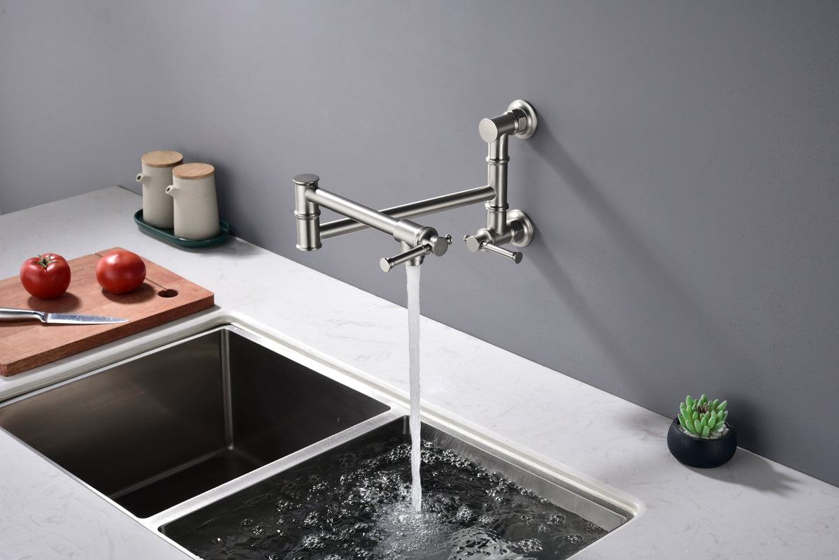 Wall mounted Pot Filler Faucet, Modern Brass Pot Filler Two-Attachment Wall Mount Folding Kitchen Pot Filler Swing Arm