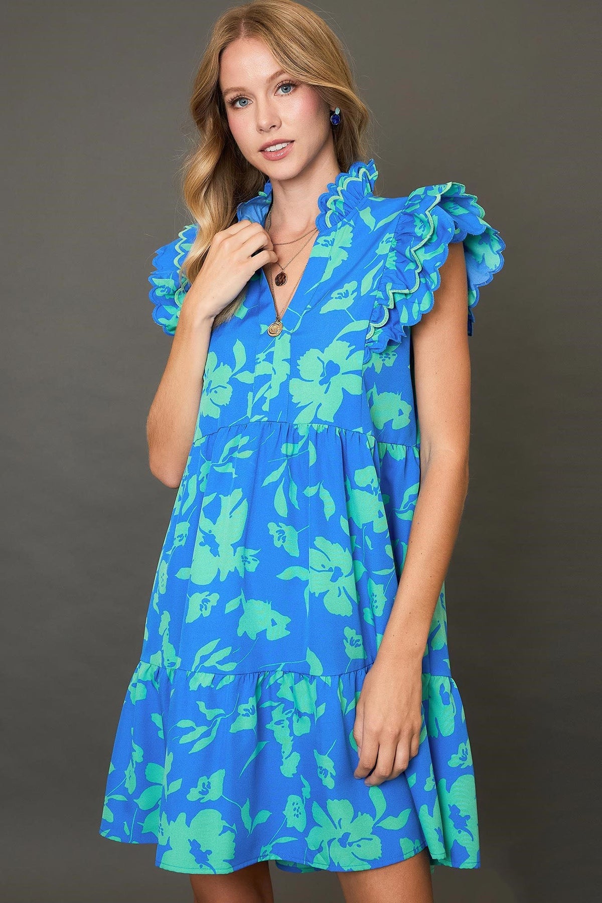 Blue Full Size Two-Tone Floral Print Ruffle Cap Sleeve Mini Dress Plus Size Elegant Dress