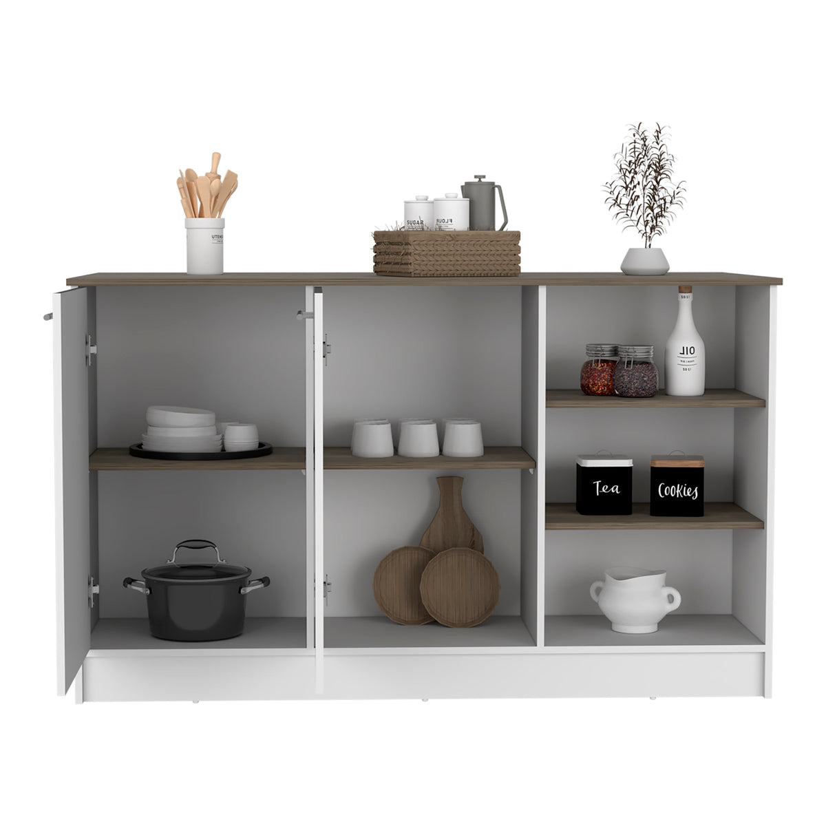 Kitchen Island Two Cabinets, Three Open Shelves, White / Dark Brown