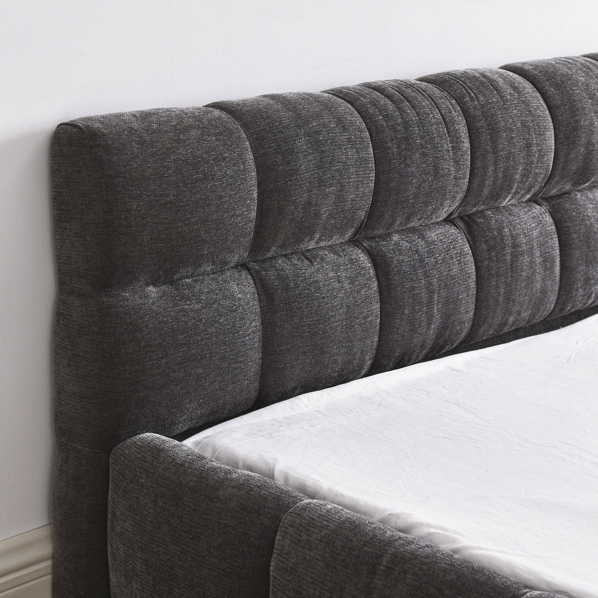 Modern Queen Size Platform Bed Frame with Thick Chenille Fabric in Dark Grey, Upholstered with Headboard