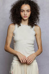 POL Round Neck Cropped Tank with Lace Trim