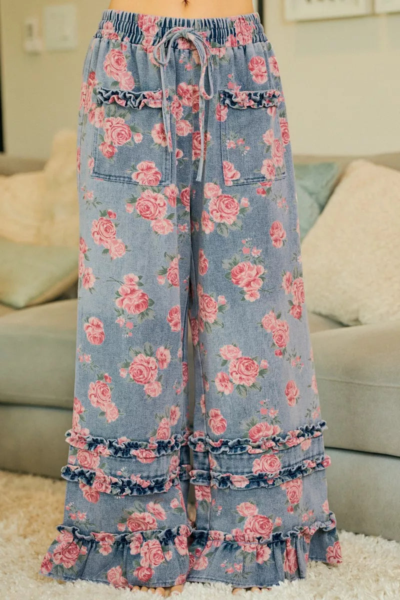 BiBi Washed Floral Denim With Ruffle Elastic Wide Pants