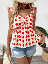 Heart Print Bow Front Peplum Blouse