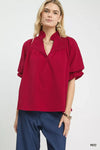 Umgee Textured Smocked Yoke Split-Neck Top