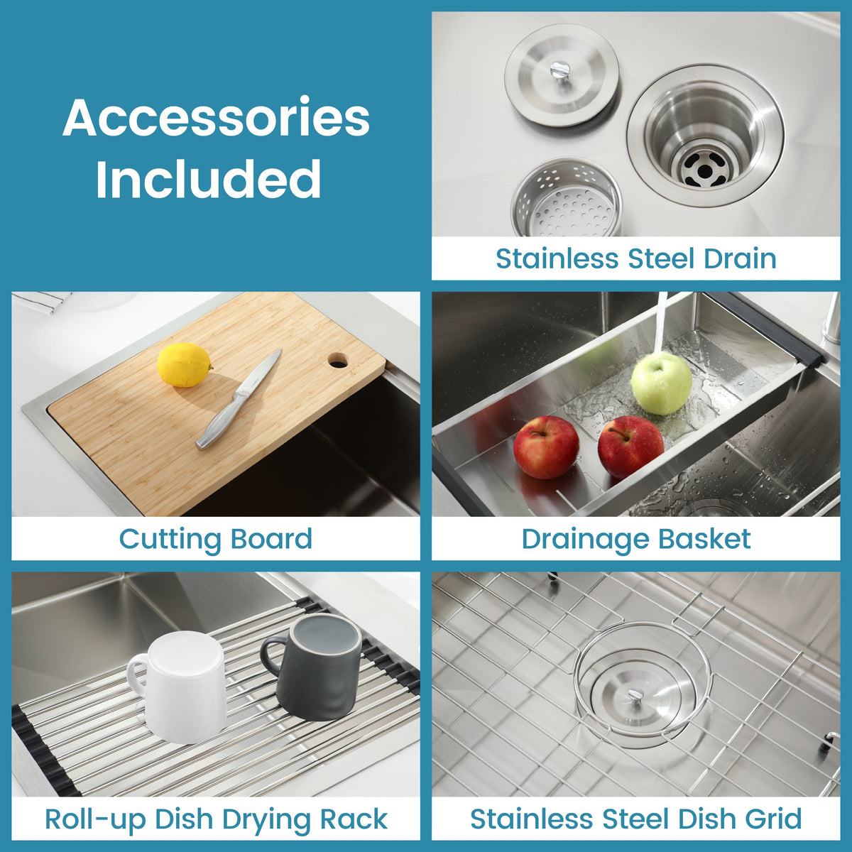 Stainless Steel Kitchen Sink, 36″x22″ Single Bowl, Overmount Handmade Sink in Brushed, with Cutting Board, Colander, Grid, SS-BR01-362208