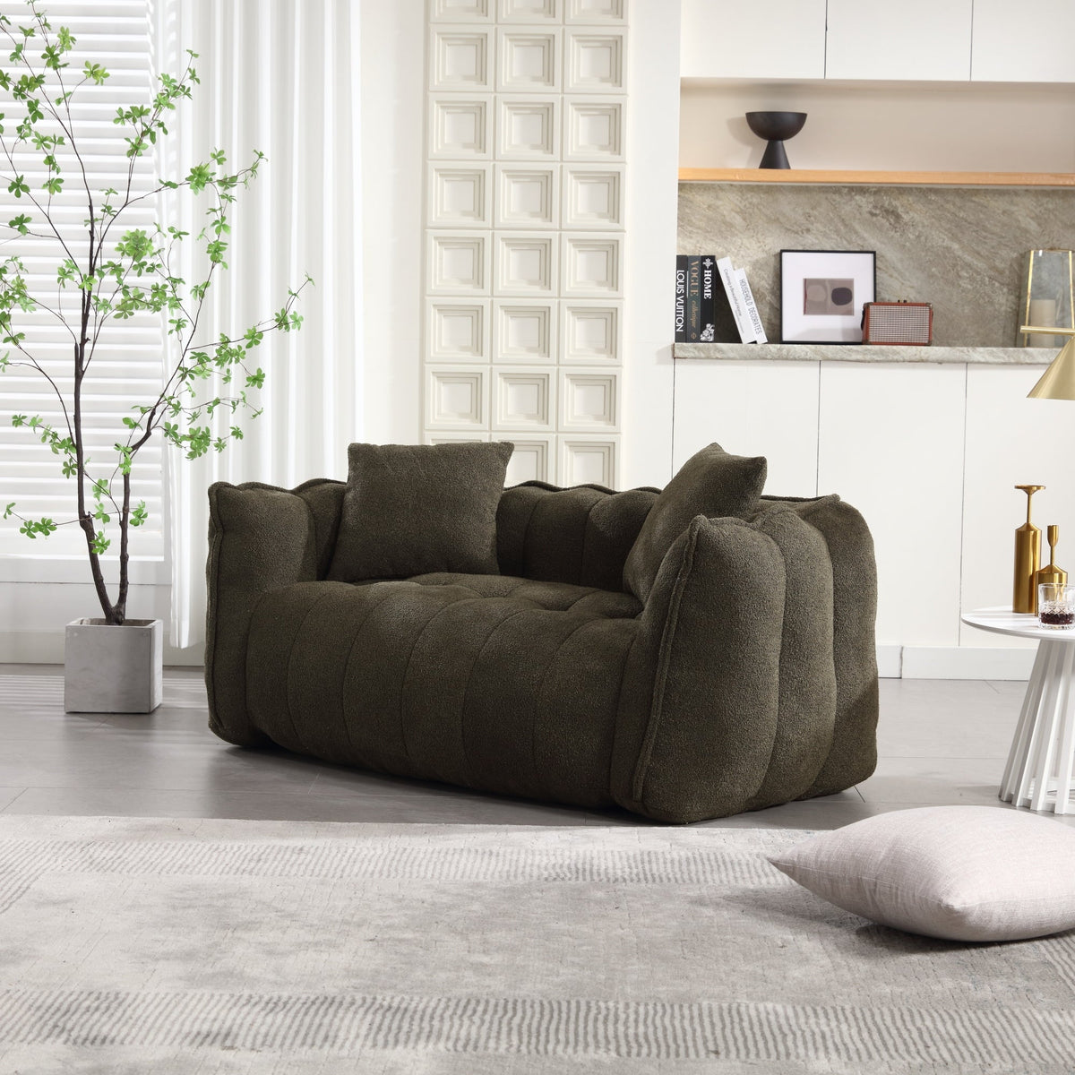 Cozy Beanbag Chair with High Resilience Foam Core for Two - Olive Green Chenille, 66x35x25 inches