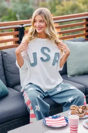 BiBi 4th Of July Usa Letter Patchwork French Terry Top