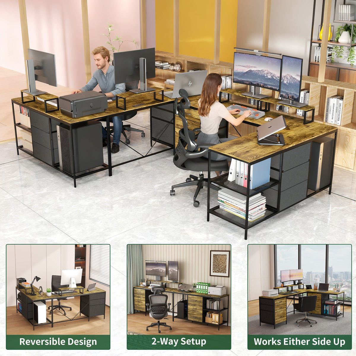 Industrial L-Shaped Computer Desk with Power Outlets & USB-C, Rustic Brown Metal Frame, 6 Fabric Drawers, 3 Open Shelves, Movable Monitor Stands, 114 Inch Corner Office Desk for Gaming and Work