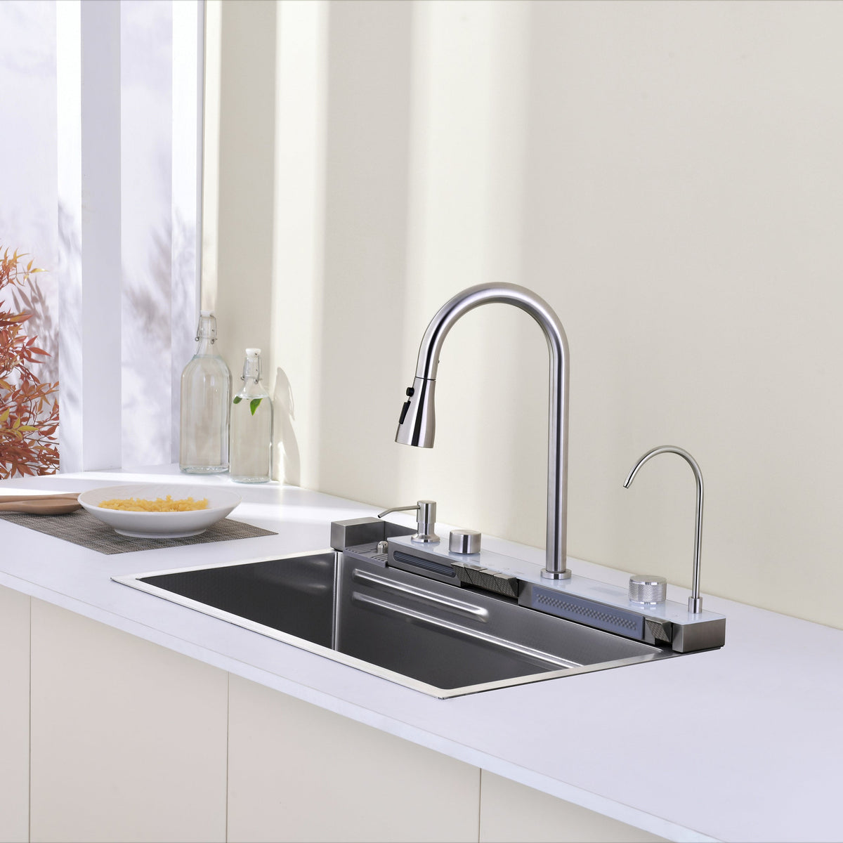 Pull-out Facuet Single Bowl Sink Kitchen Vegetable Sink 304 Whale Waterfall Sink Stainless Steel Dish Sink Vegetable Sink Household Vegetable Washing Basin, Dark Gray