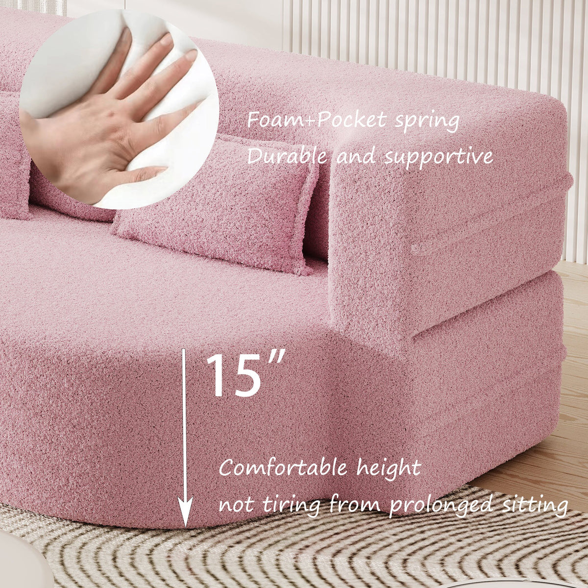 Modern Floor Sofa with 2 Pillows,Convertible Teddy Fabric Foam Filled Sleeper Sofa Bed,15 ' Full Size Folding Mattress for Living Room,Guest Bed,Playroom,No Assembly Required,Pink