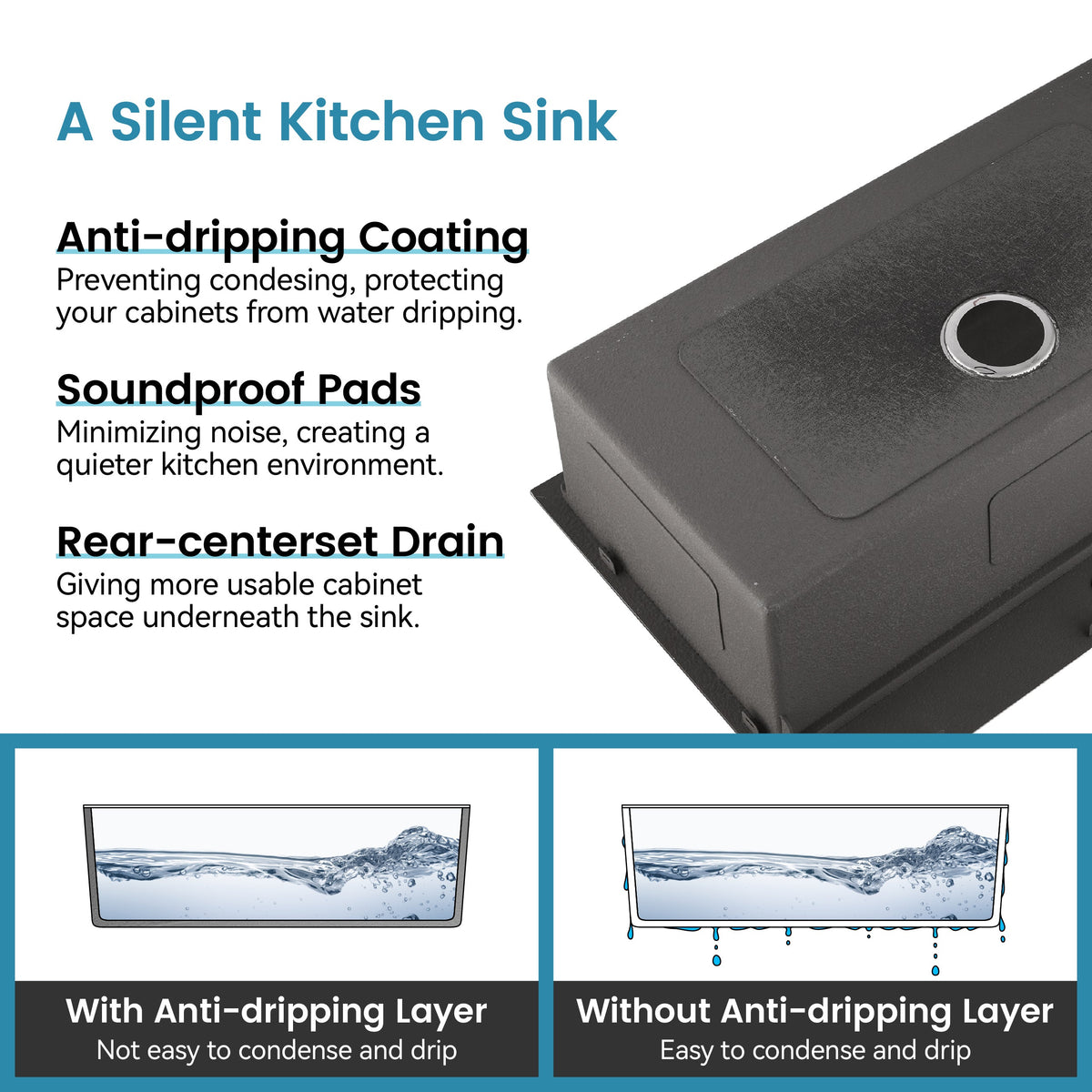 Stainless Steel Kitchen Sink, 27″x19″ Single Bowl, Undermount Handmade Sink in Black, with US Standard Drain and Hook