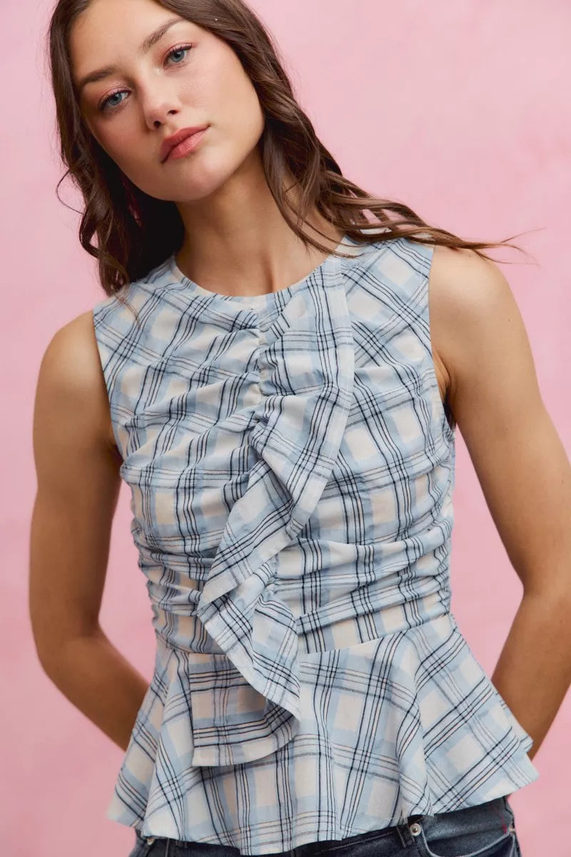 SO ME Plaid Sleeveless Ruffle Peplum Top