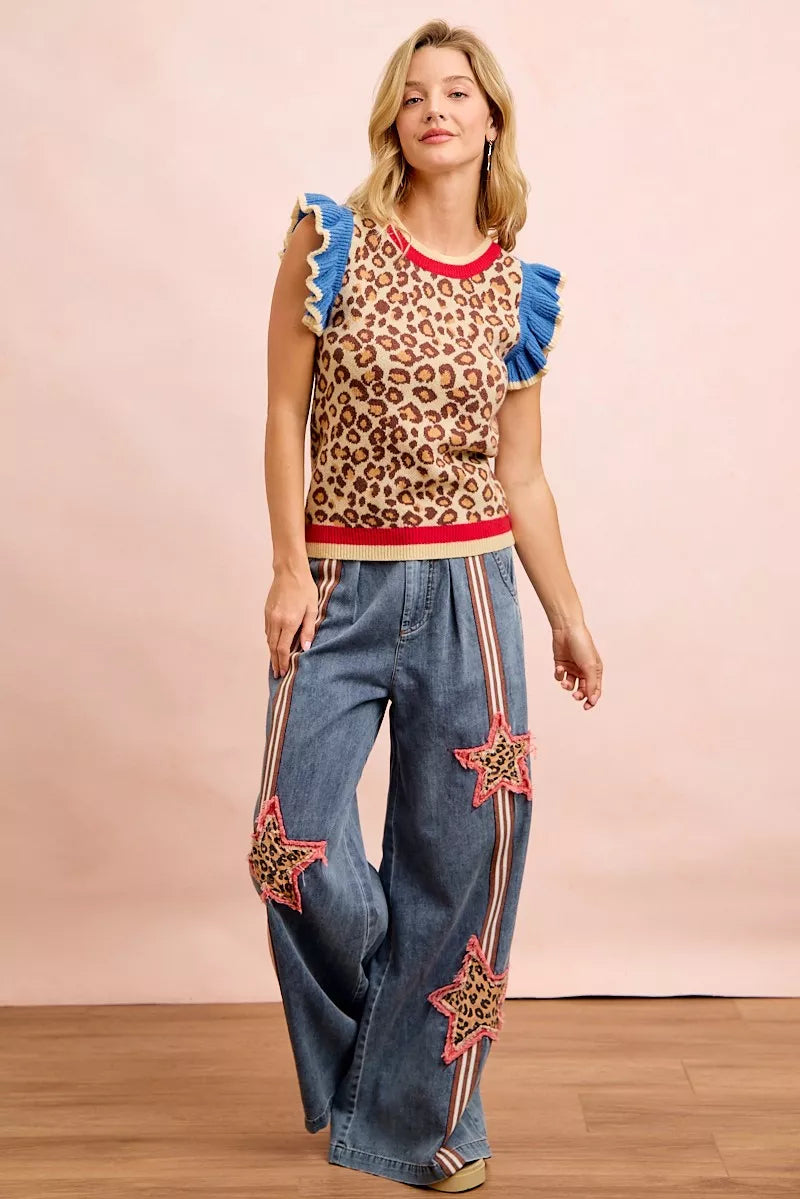 BiBi 4th Of July Leopard Ruffled Detail Knit Top