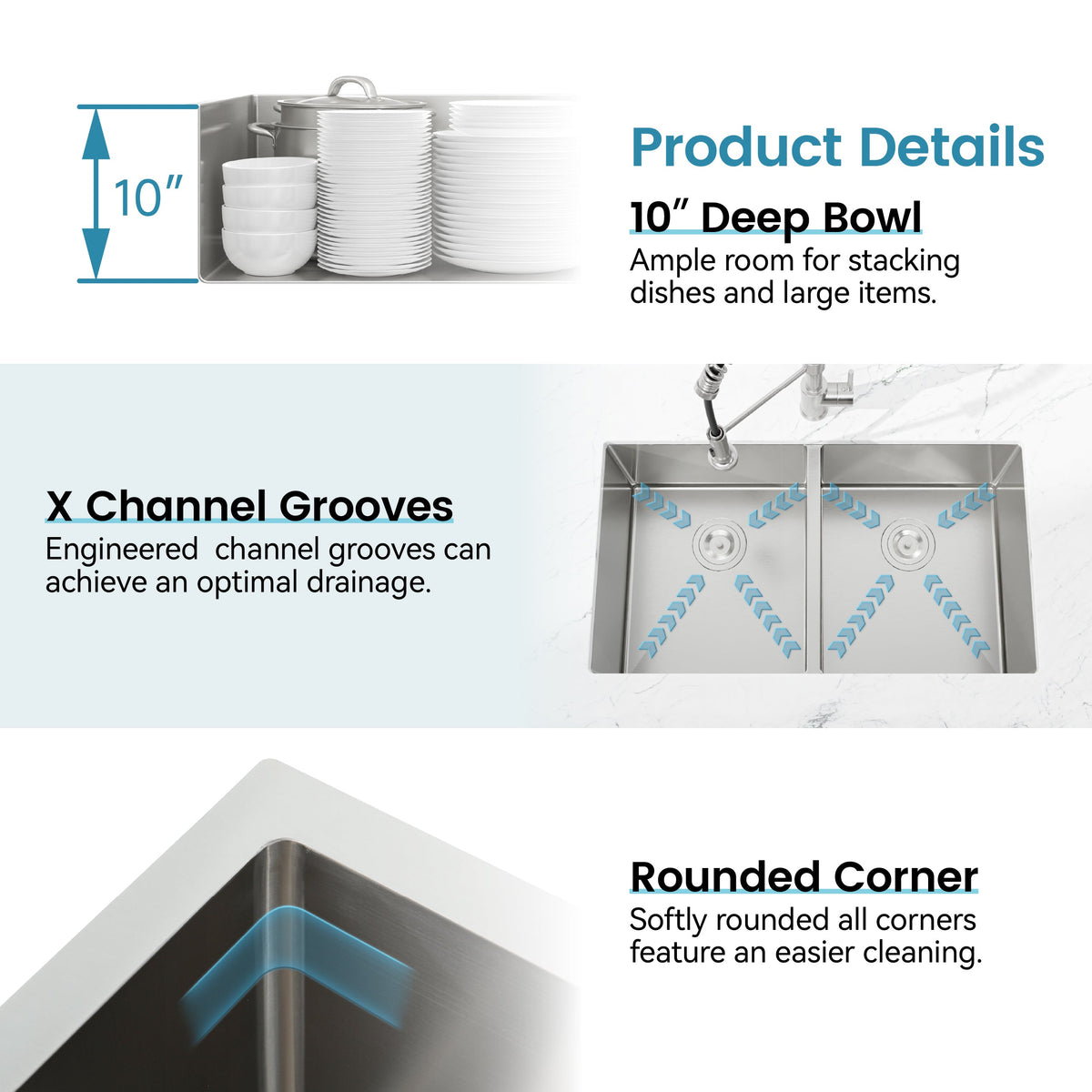 33'x19' Embedded Double Bowl Kitchen Sink, Undermount Handmade Sink in Brushed (Sink only)