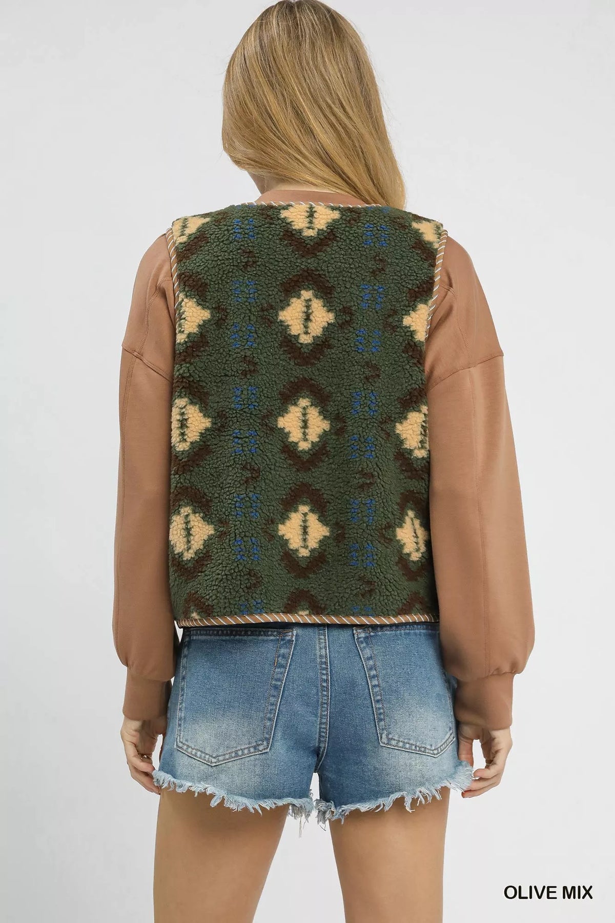 Umgee Mix Patterned Sherpa Tie-Front Vest