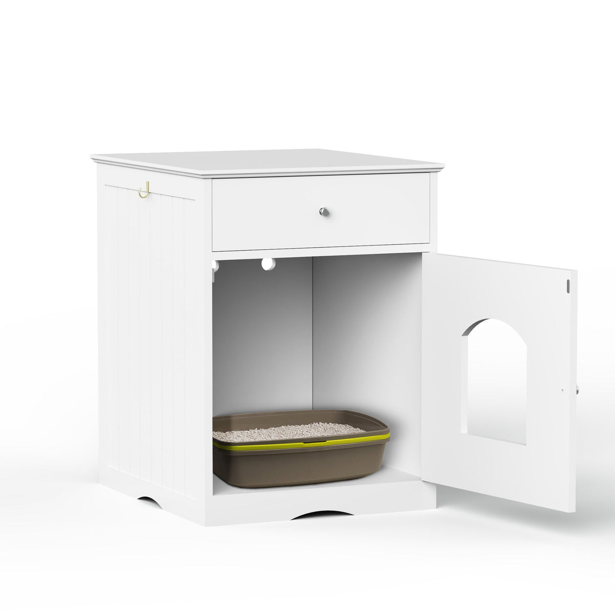 White Wooden Pet House Cat Litter Box Enclosure with Drawer and Side Table, Indoor Cat Home Nightstand for Small Cats, MDF Construction, 18.9'' W x 20.9'' D x 25'' H