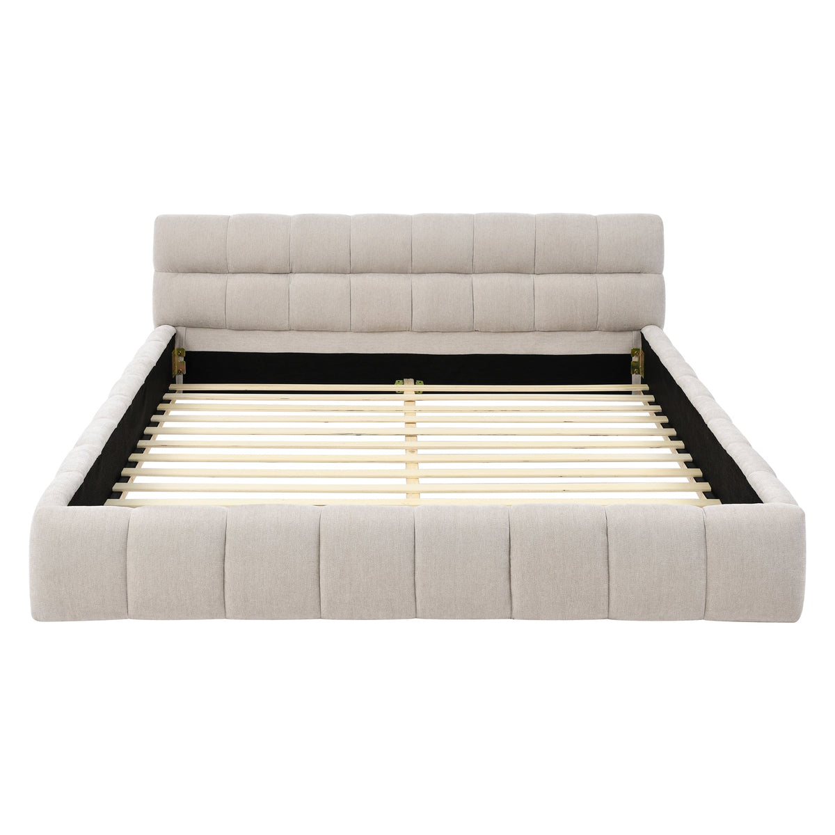 Modern Queen Size Upholstered Bed Frame with Headboard, Thick Chenille Fabric, Beige