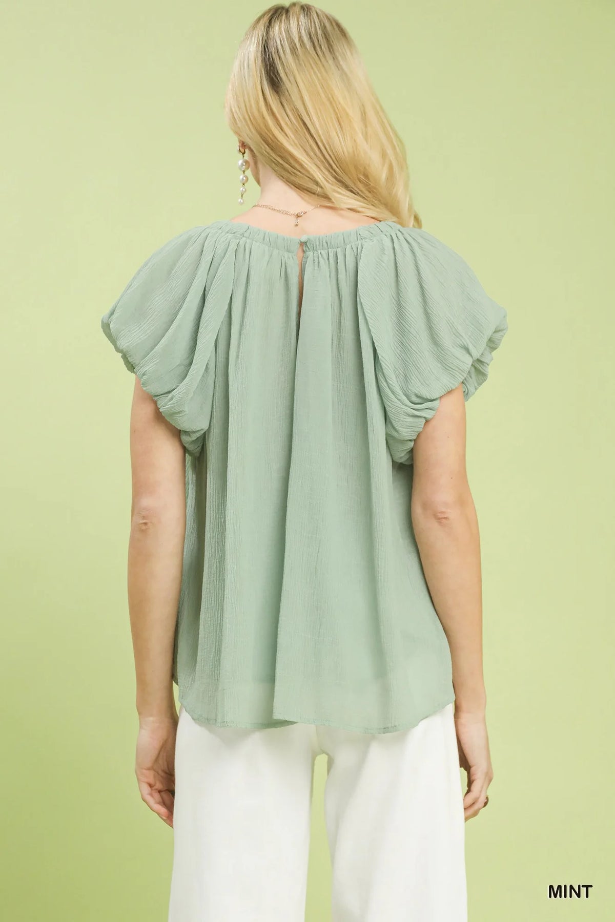 Umgee Crinkle Flutter Sleeve Peasant Top