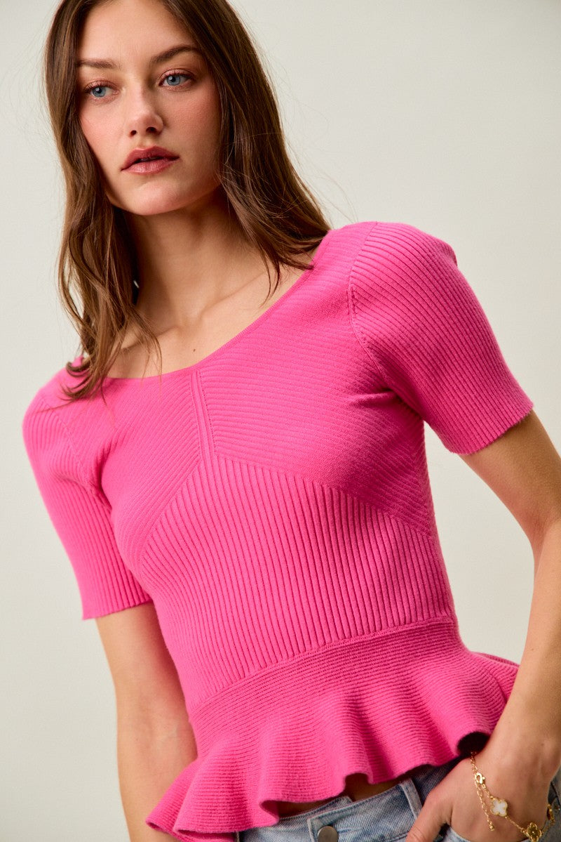 SO ME Ribbed Knit Short Sleeves Peplum Sweater Top