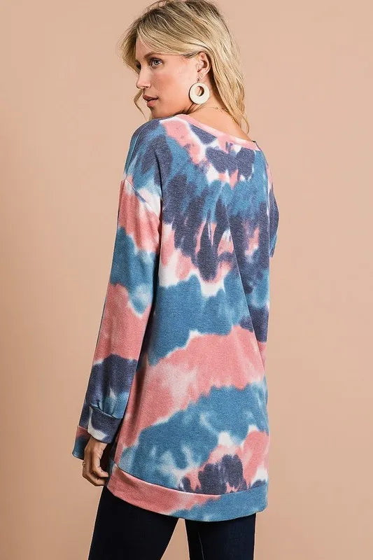 BiBi Tie Dye French Terry Pull Over with Front Stitching Detail