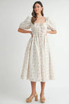 Floral Drawstring Detail Puff Sleeve Midi Dress – Romantic Floral Midi Dress, Ruched Drawstring Dress, Feminine Puff Sleeve Dress, Trendy Garden Party Dress For Summer