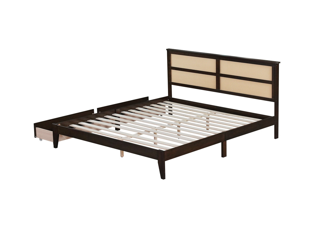 King Size Bed with Rattan Headboard, Two Storage Drawers, Rubber Wood Bed with Enhanced  Support Salts and Feet,Espresso