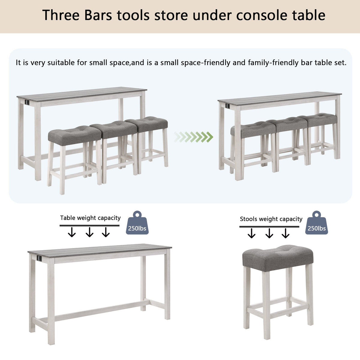 4 Piece Bar Table Set with Power Outlet,Bar Table Set with Chairs,Sofa Bar Table with Stools,Behind Couch Table with 3 Padded Stools,for Living Room,Dining room, White & Grey