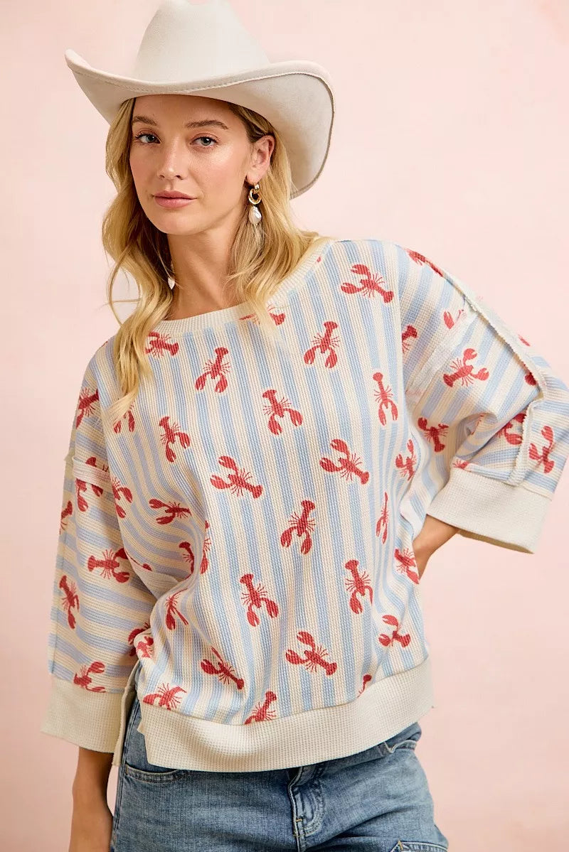 BiBi 4th Of July Lobsters Stripe Waffle Knit Sleeve Top