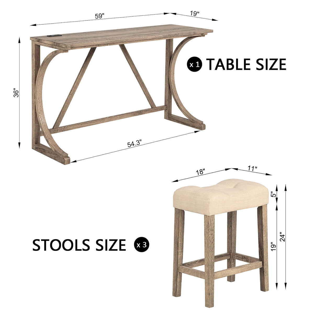 4-Piece Bar Table Set with Power Outlet, Dining Bar Table and Chairs Set, Bar Table Set with 3 Padded Stools for Living Room, Dining Room, Game Room, Brown