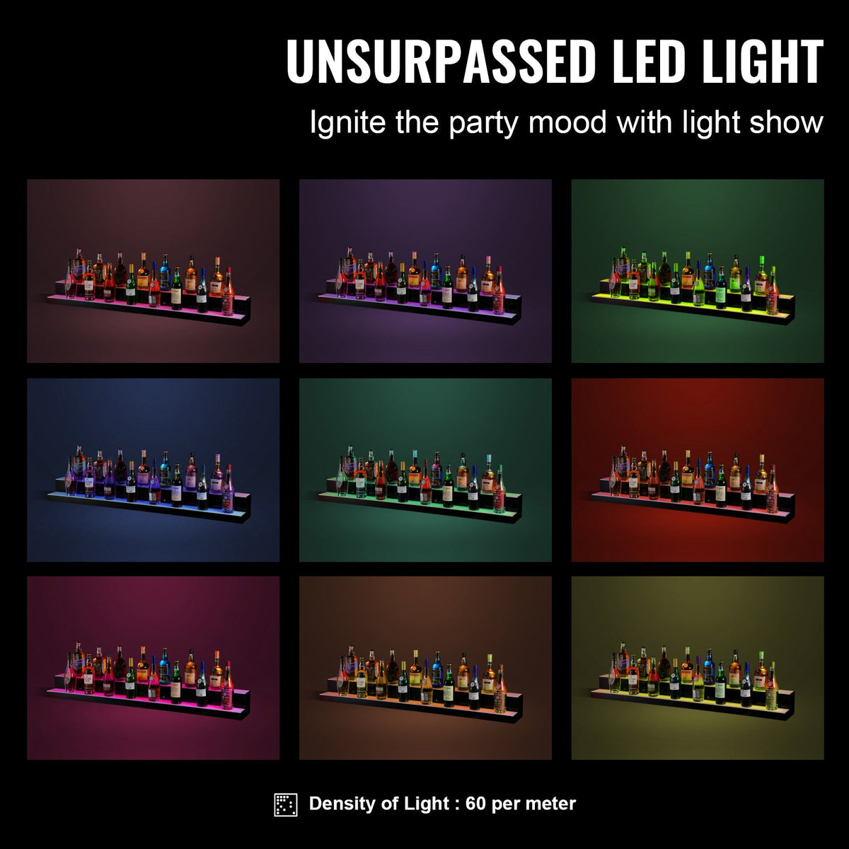 LED Lighted Liquor Bottle Display Bar Shelf RF & App Control 60' 2-Step