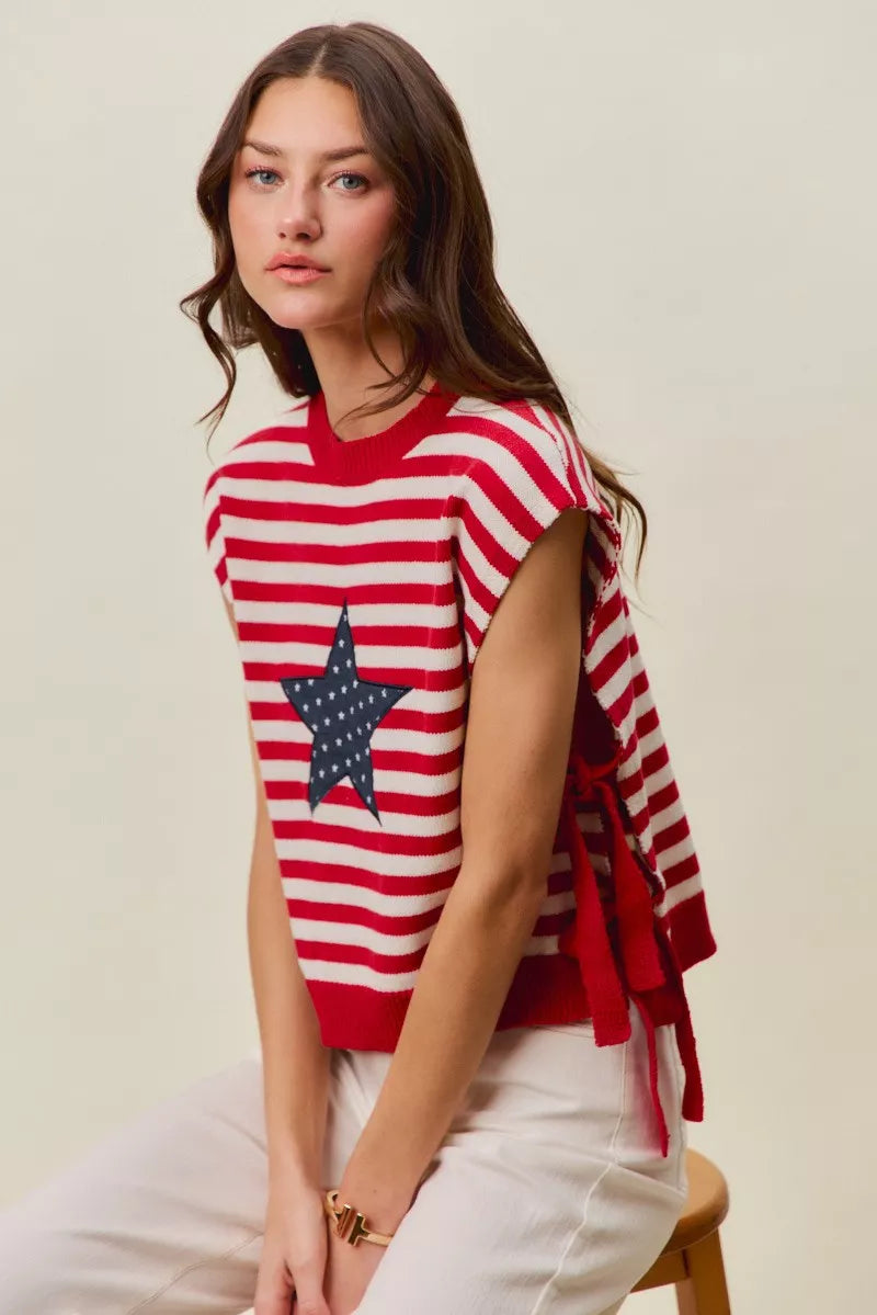 SO ME Stripe Star Patch 4th Of July Side Tie Vest Top