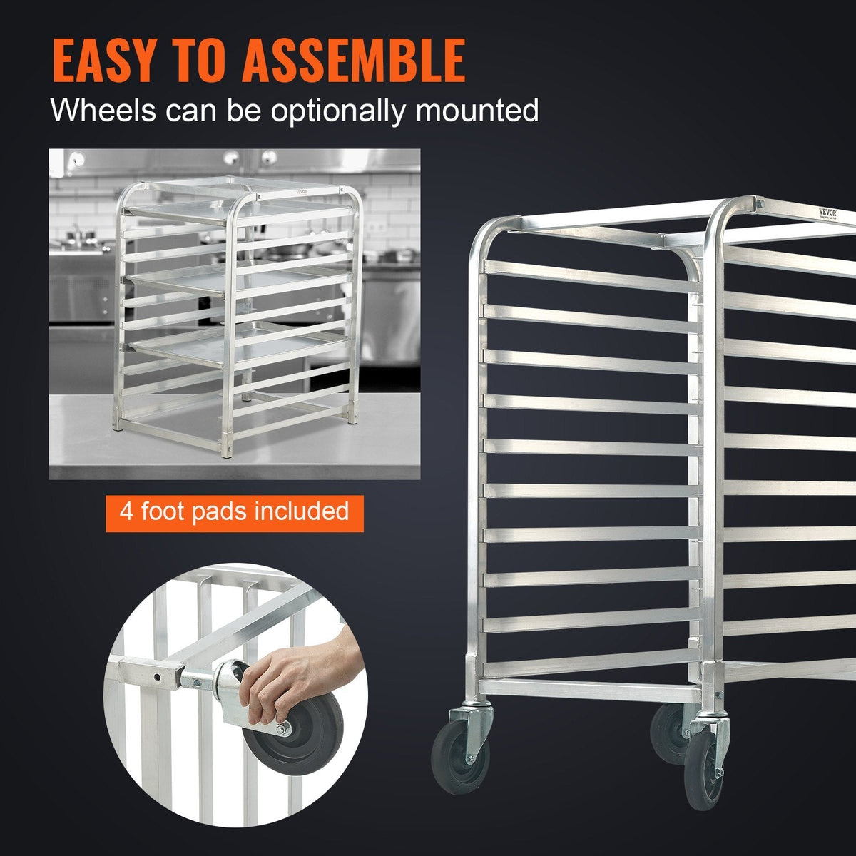 Bun Pan Rack, 10-Tier Commercial Bakery Racks with Brake Wheels, Aluminum Racking Trolley Storage for Half & Full Sheet, Speed Rack For Kitchen Home, Bread Baking Equipment, 26'L x 20.3'W x 39'H