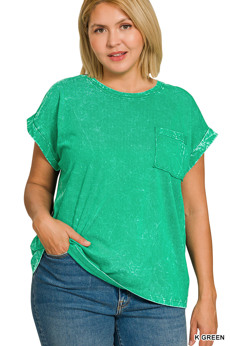 Zenana Full Size Crinkle Washed Round Neck Folded Short Sleeve Tee Plus Size