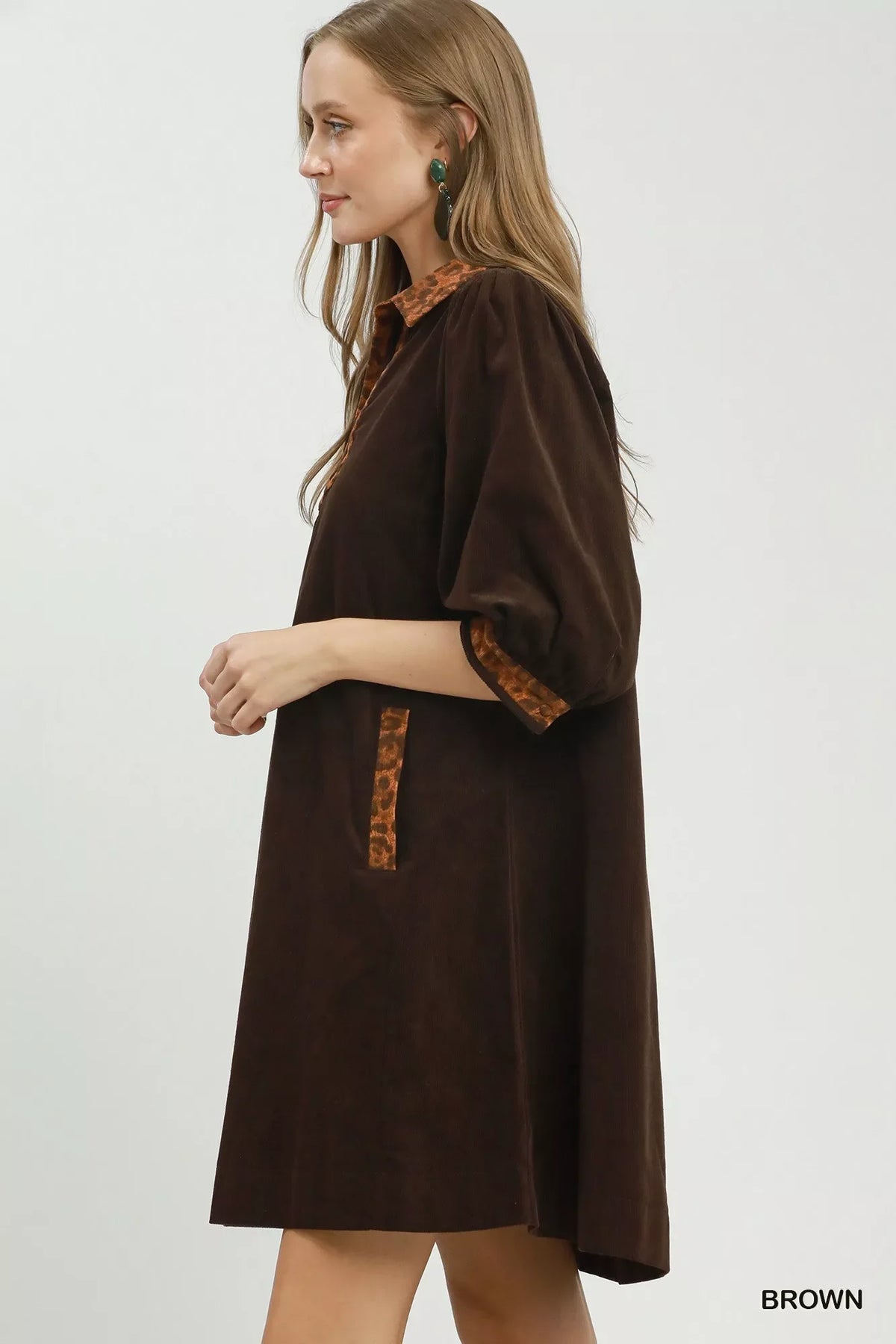 Umgee V-Neck Shift Dress with Contrast Trim