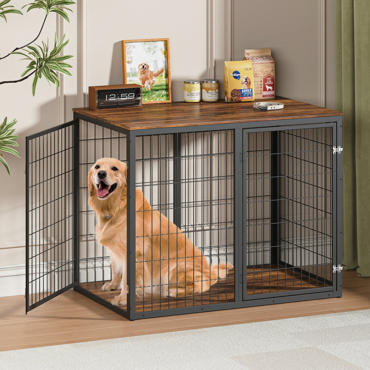 47'' Dog Crate Dog Cage Furniture with 3 Doors,for Large & Medium Dogs.Rustic Brown