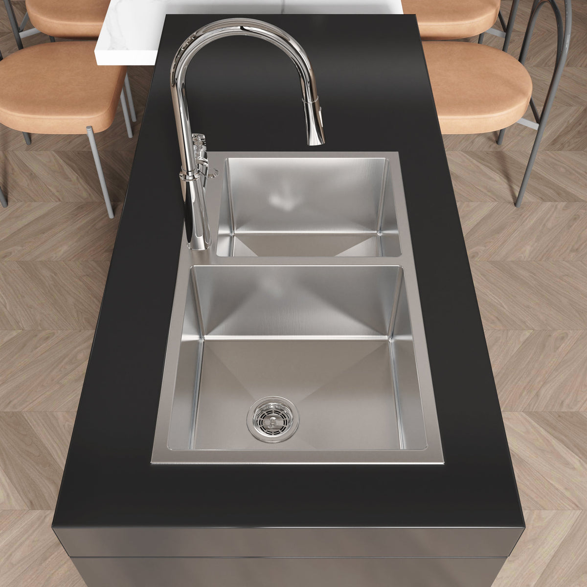 Stainless Steel Kitchen Sink, 32″x19″ Double Bowl in Brushed Nickel, Overmount Handmade Sink, with US Standard Drain and Hook, LS-SSBR03