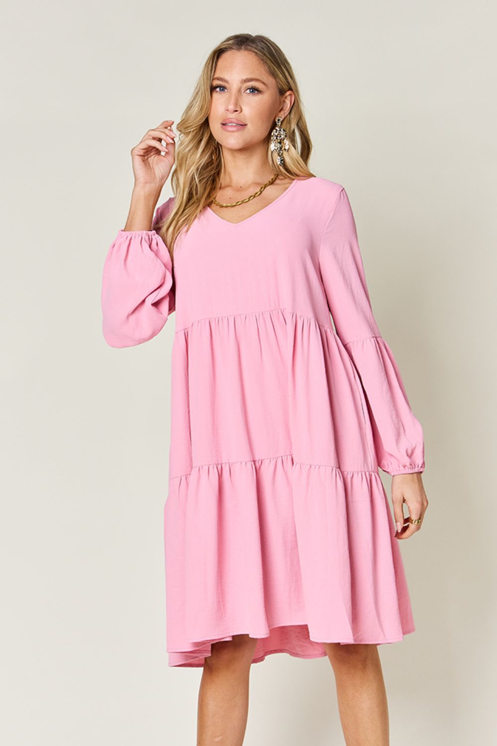 Light Green Double Take Full Size V-Neck Sleeve Tiered Dress with Pockets Elegant & Comfortable Casual Dress