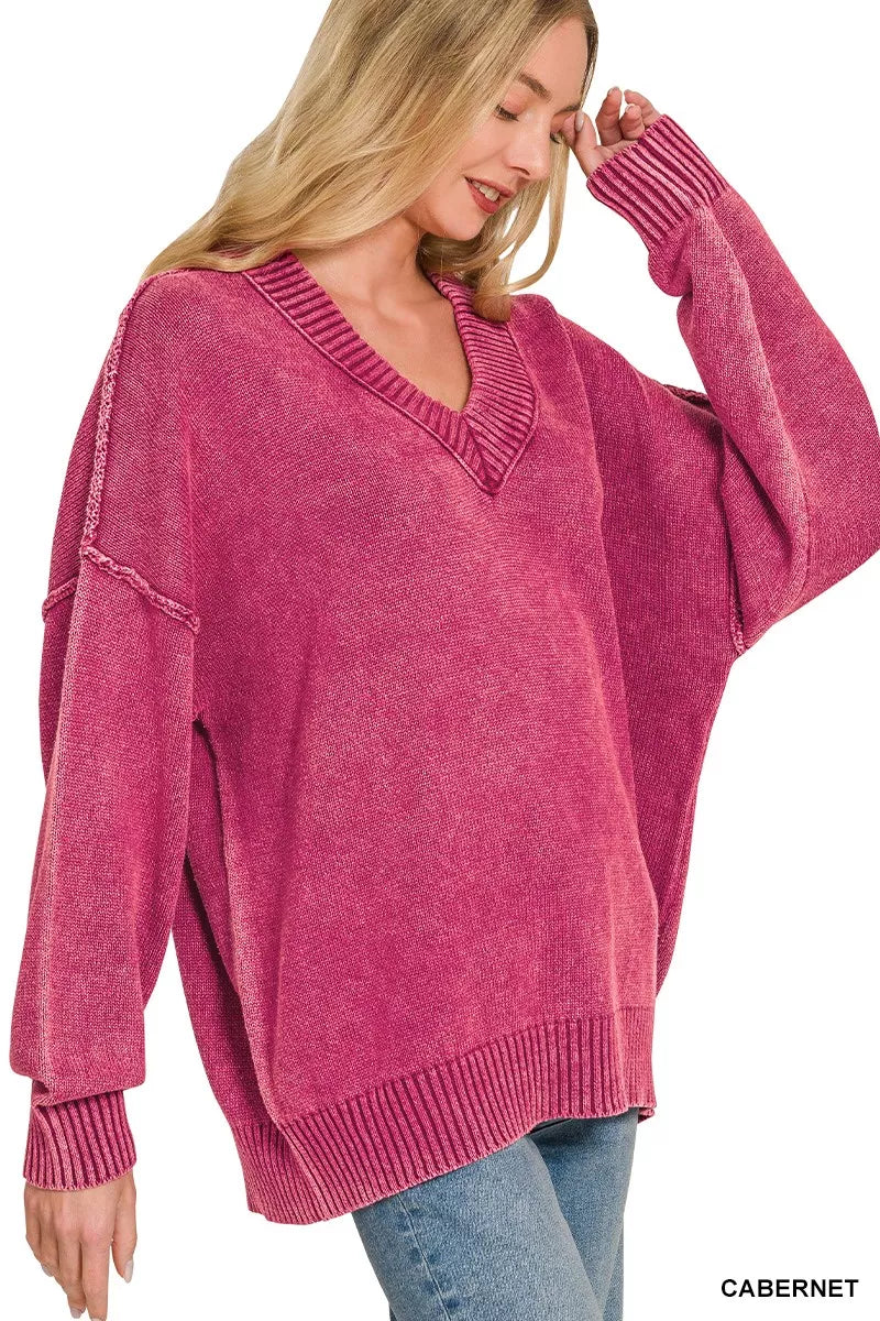 Zenana Washed Deep V-neck Oversized Sweater