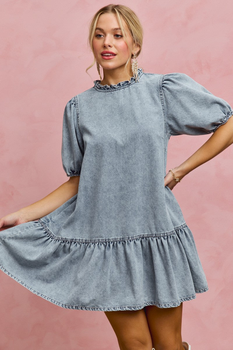SO ME Denim Short Sleeves Mini Tiered Dress