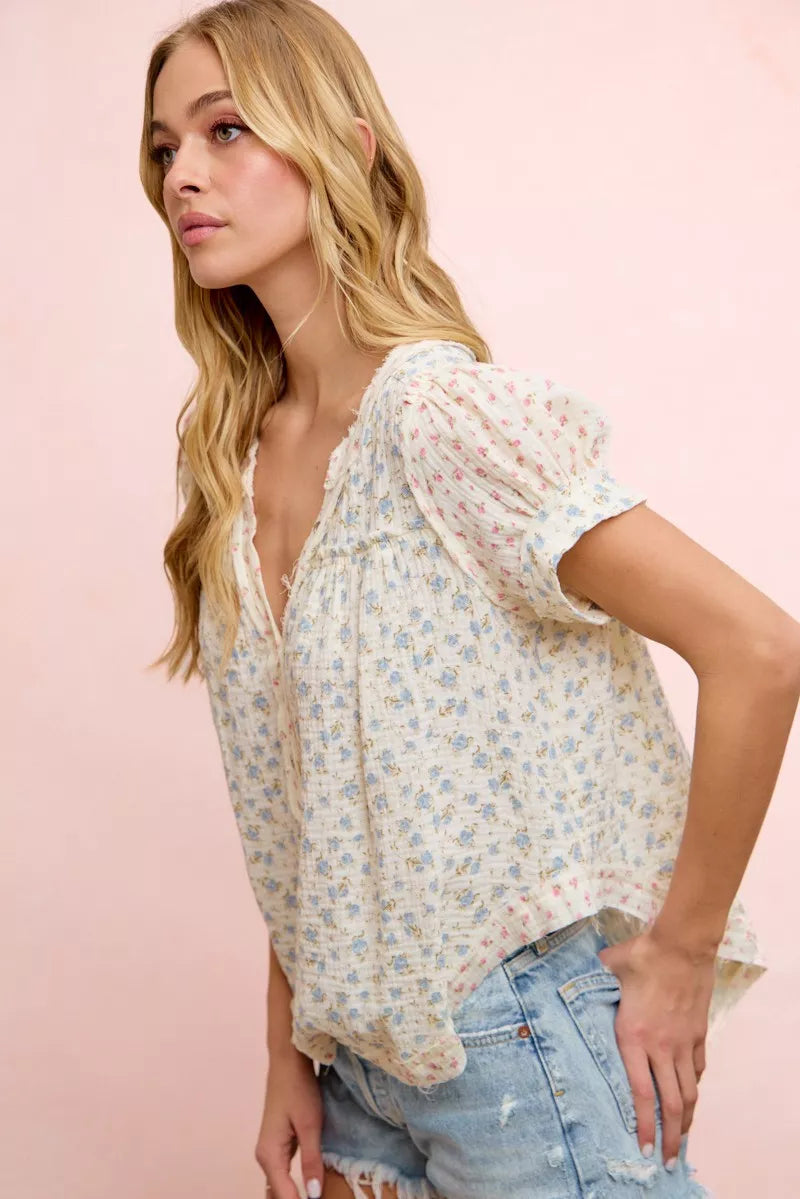 BiBi Floral Crinkle Neckdrop Short Sleeve Blouse Top