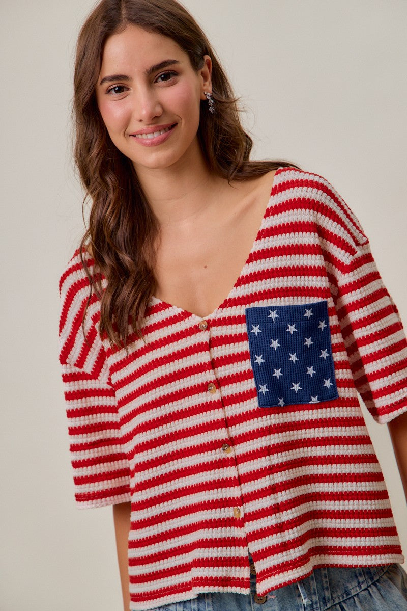 SO ME Stripe Waffle Knit Fourth Of July Cardigan Top