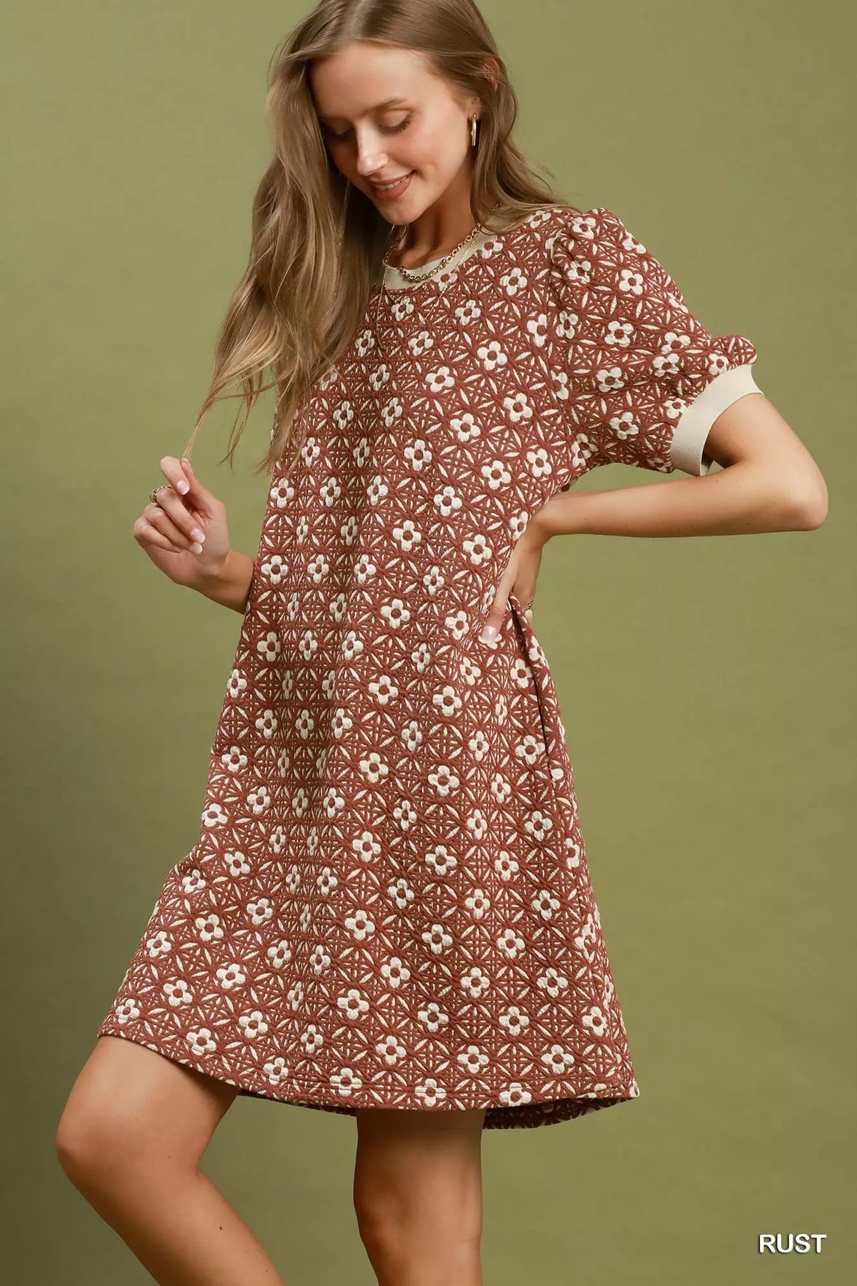 Umgee Floral Textured Puff Sleeve Mini Dress