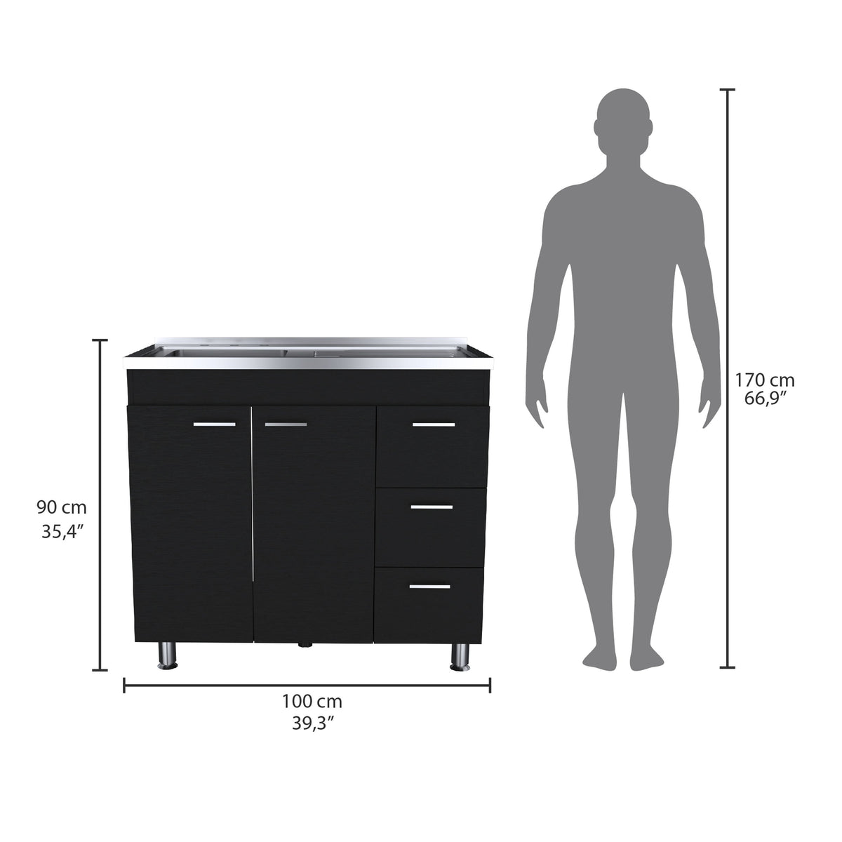 Ferretti Utility Sink with Three Drawers and Double Door Cabinet Black