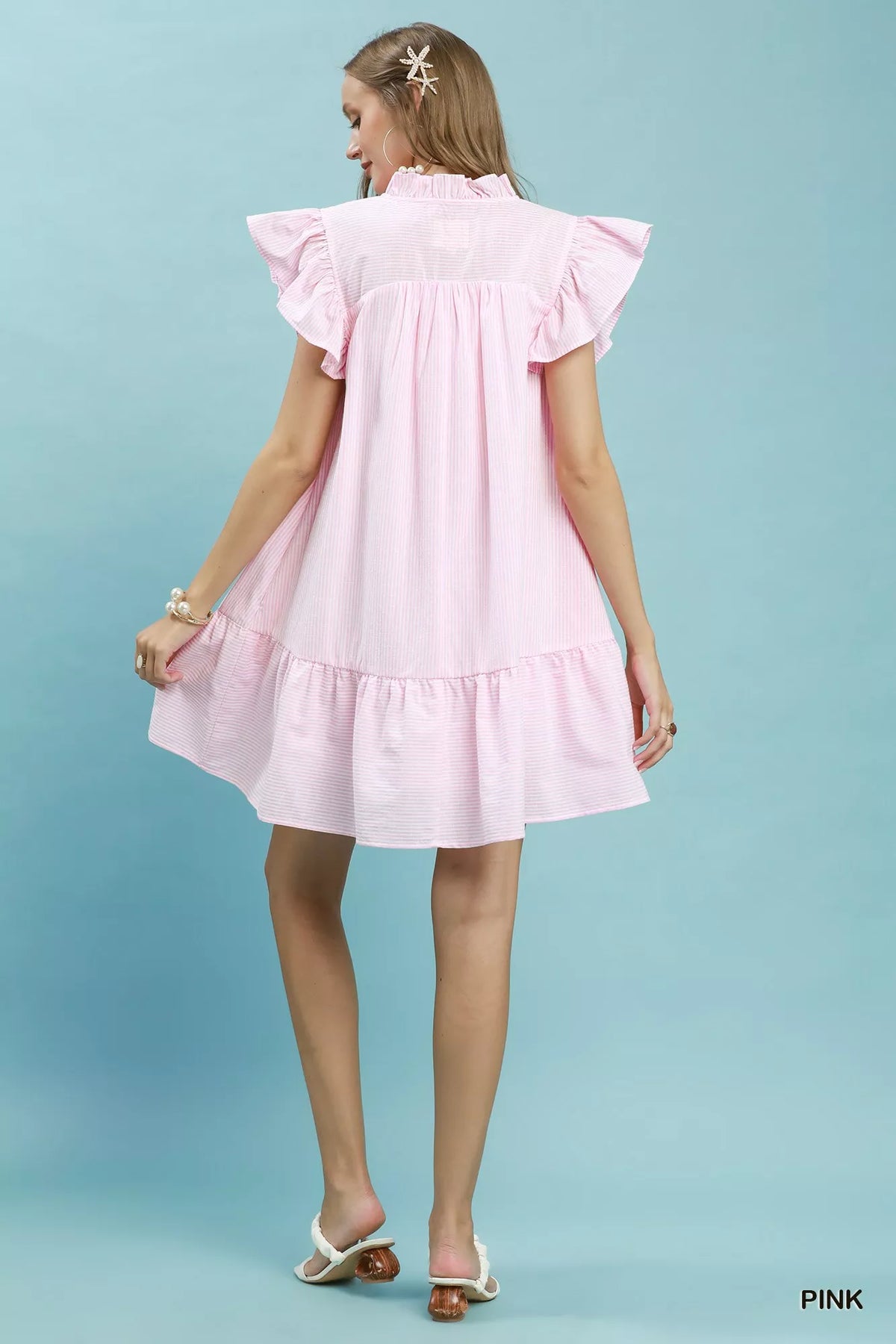 Umgee Stripe Smocked Yoke Ruffle Dress