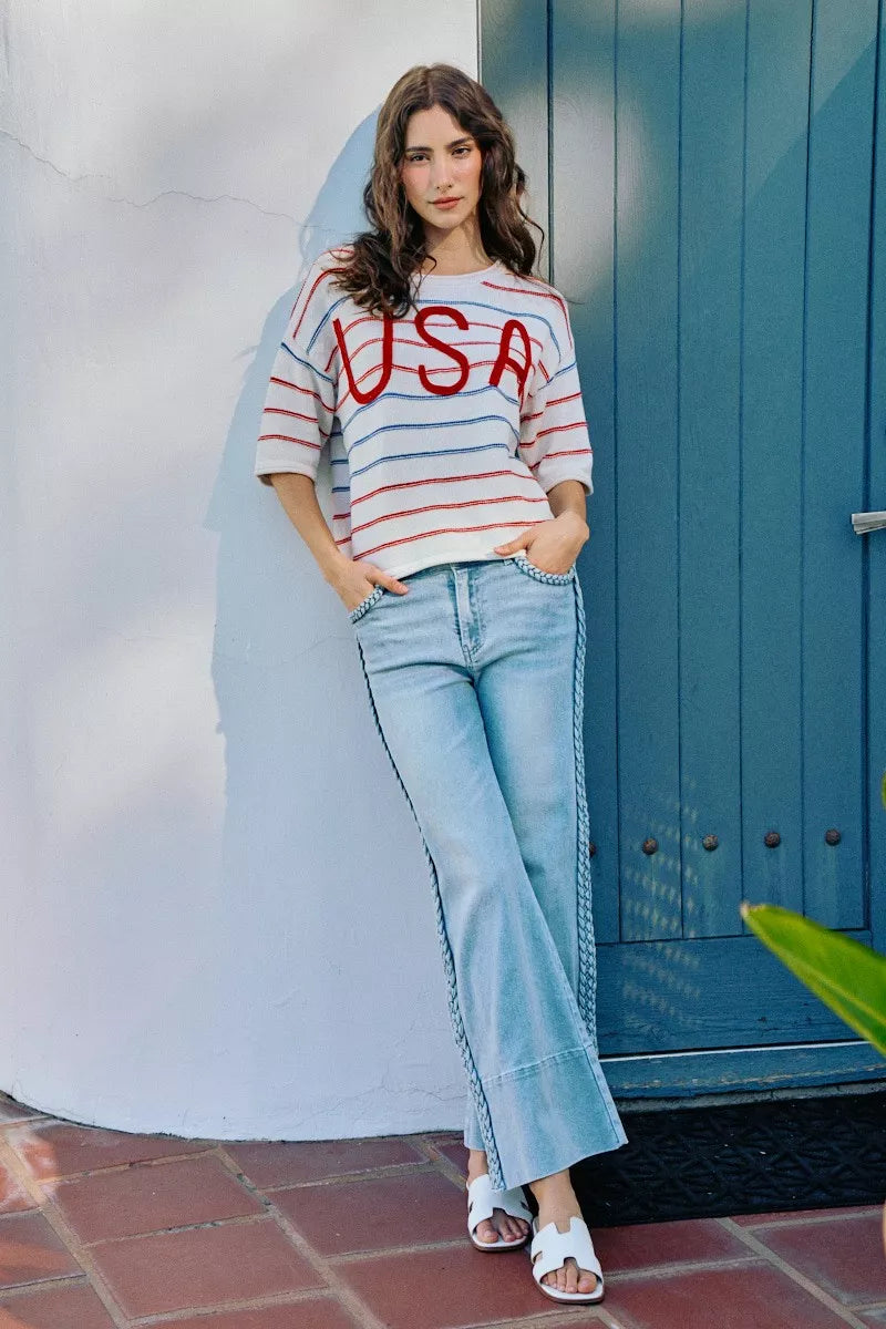 SO ME Usa Stripe Knit Short Sleeves Sweater Top